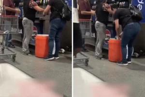 Mujeres llenan termo gigante con refresco de máquina en Costco