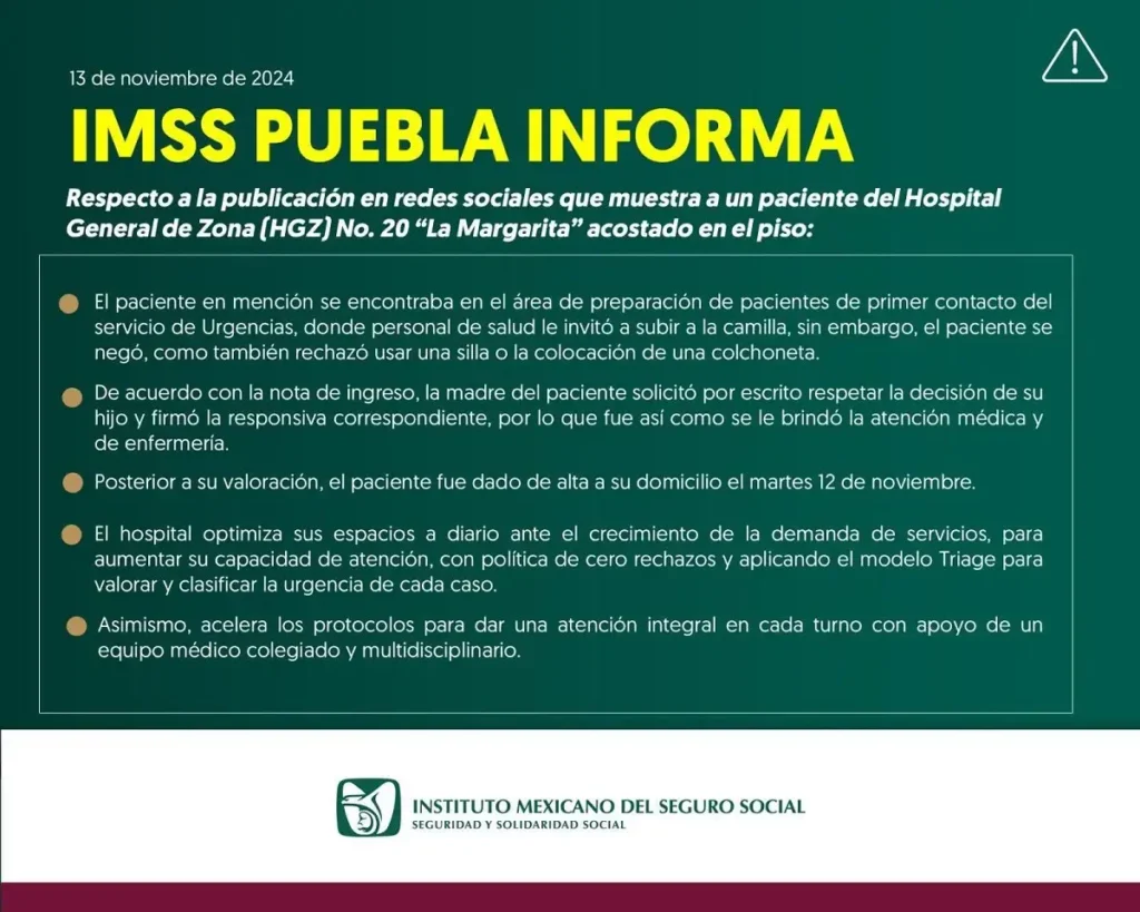 Paciente acostado en el piso del Hospital La Margarita; fue su decisión, se excusa el IMSS