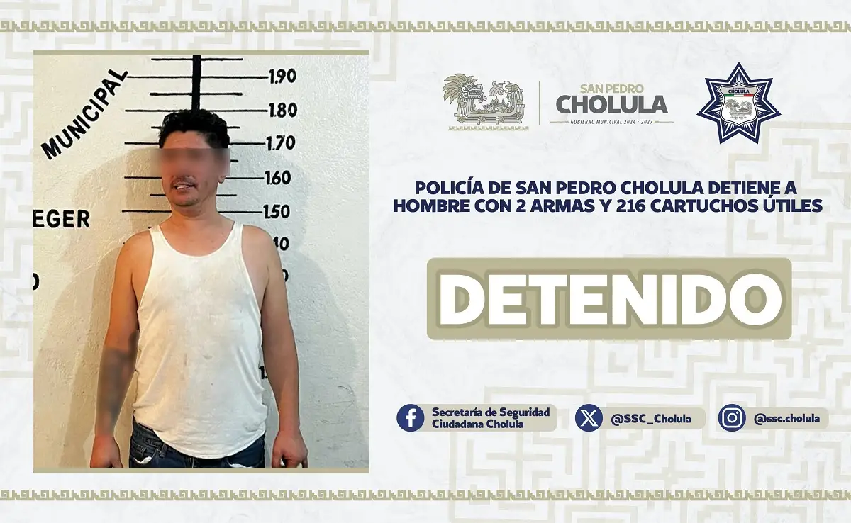 Policía de San Pedro Cholula detiene a hombre con 2 armas y 216 cartuchos útiles 1 Policía de San Pedro Cholula detiene a hombre con 2 armas y 216 cartuchos útiles
