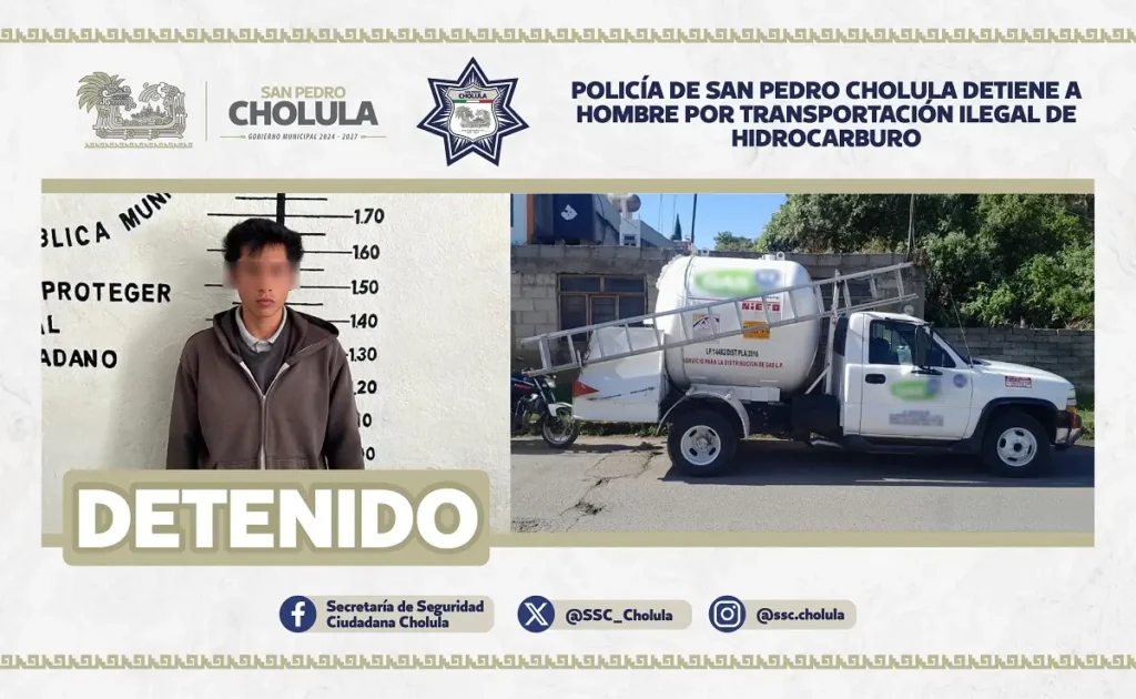 Policía de san pedro cholula detiene a hombre por transportación ilegal de hidrocarburo