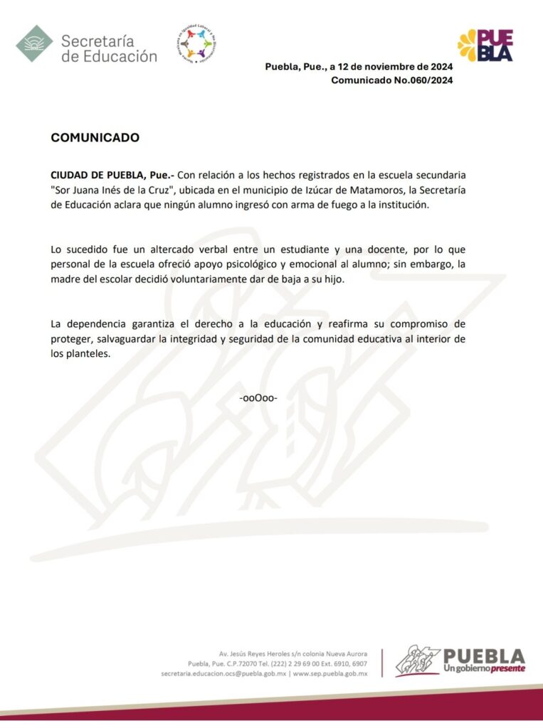 SEP niega amenaza con arma de fuego en secundaria de Izúcar de Matamoros