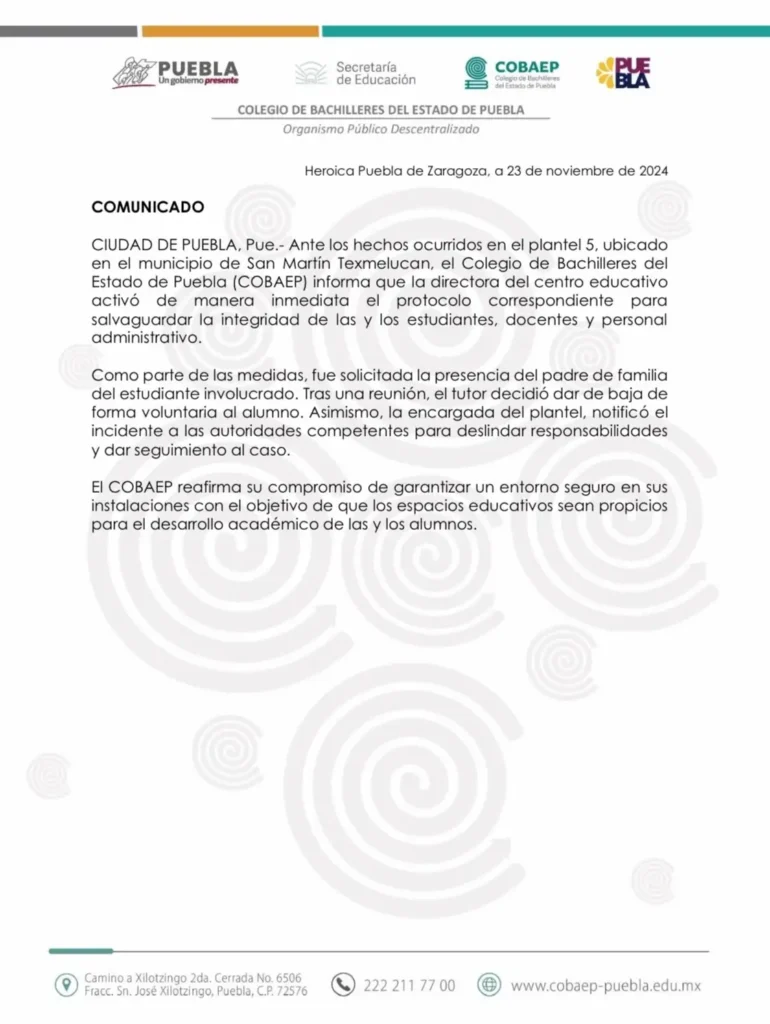 Alumno del COBAEP de Texmelucan ingresa al plantel con un arma