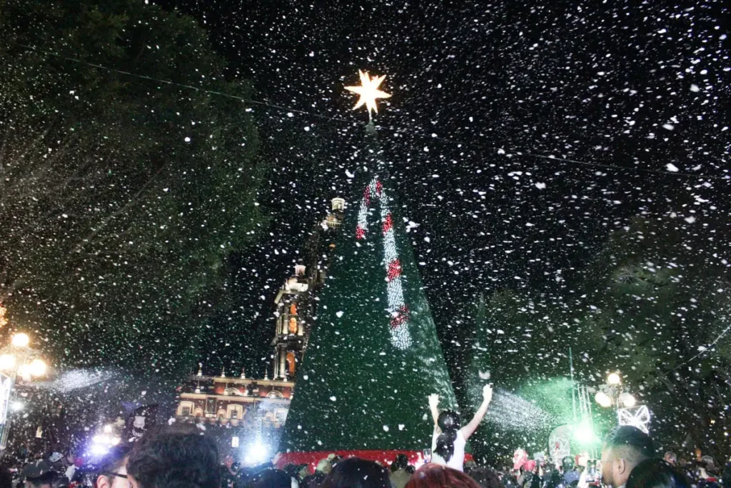 Enciende Pepe Chedraui árbol de Navidad del zócalo de Puebla