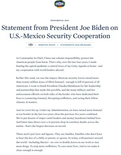 Biden agradece a Sheinbaum por el decomiso histórico de fentanilo en México