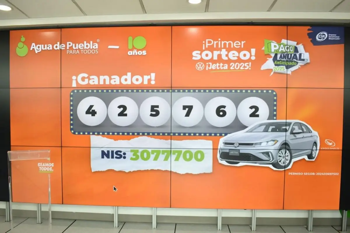 Realizan 1er Sorteo del Pago Anual Anticipado de Agua de Puebla 1 El folio número 425762 fue el ganador de un auto VW Jetta enel 1er Sorteo del Pago Anual Anticipado de Agua de Puebla