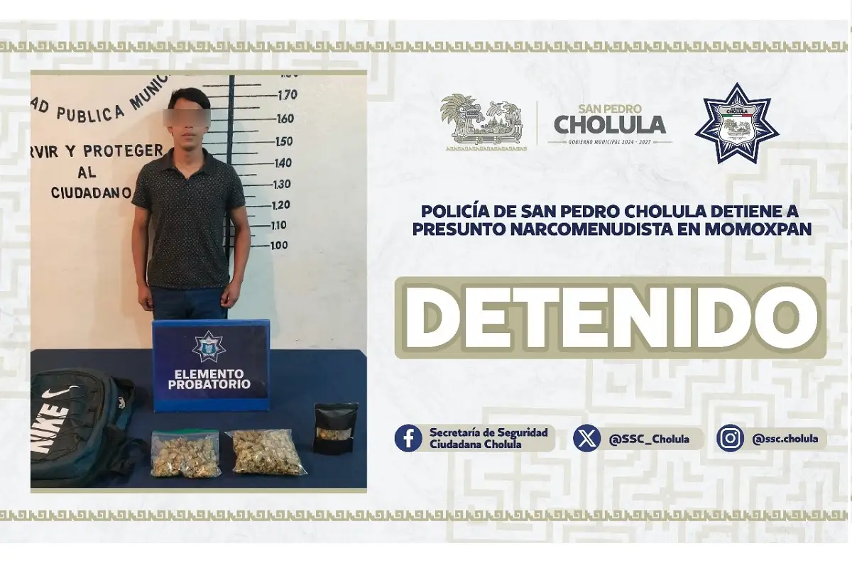 Policía de San Pedro Cholula detiene a presunto narcomenudista en Momoxpan 1 Policía de San Pedro Cholula detiene a presunto narcomenudista en Momoxpan