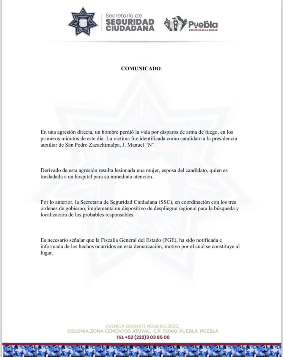 ejecutan a Juan Manuel Zenteno, candidato a la presidencia auxiliar de Zacachimalpa 