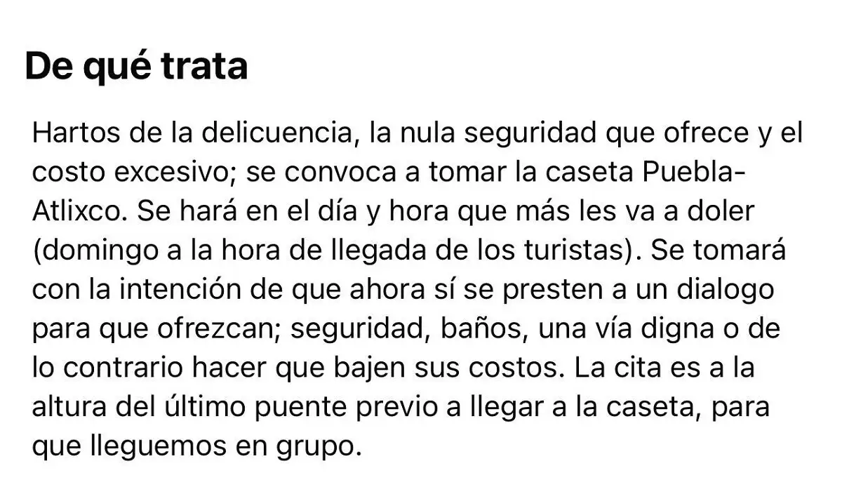 Convocan a tomar la caseta Puebla-Atlixco por inseguridad