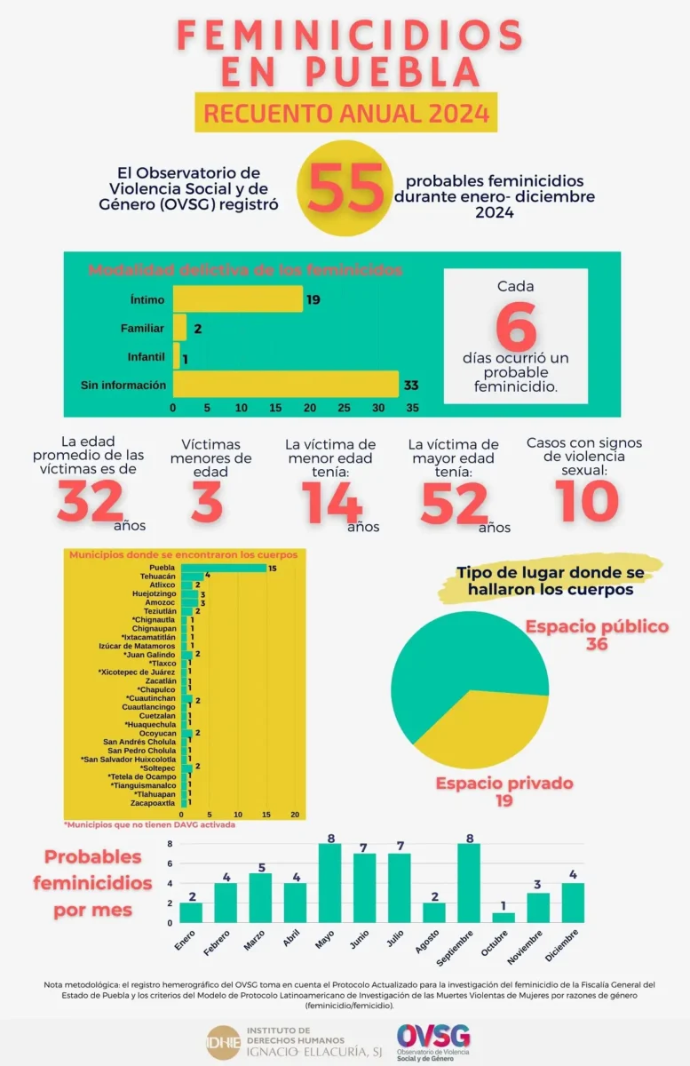 En 2024 se registró un probable feminicidio cada seis días en Puebla, alerta informe del OVSG