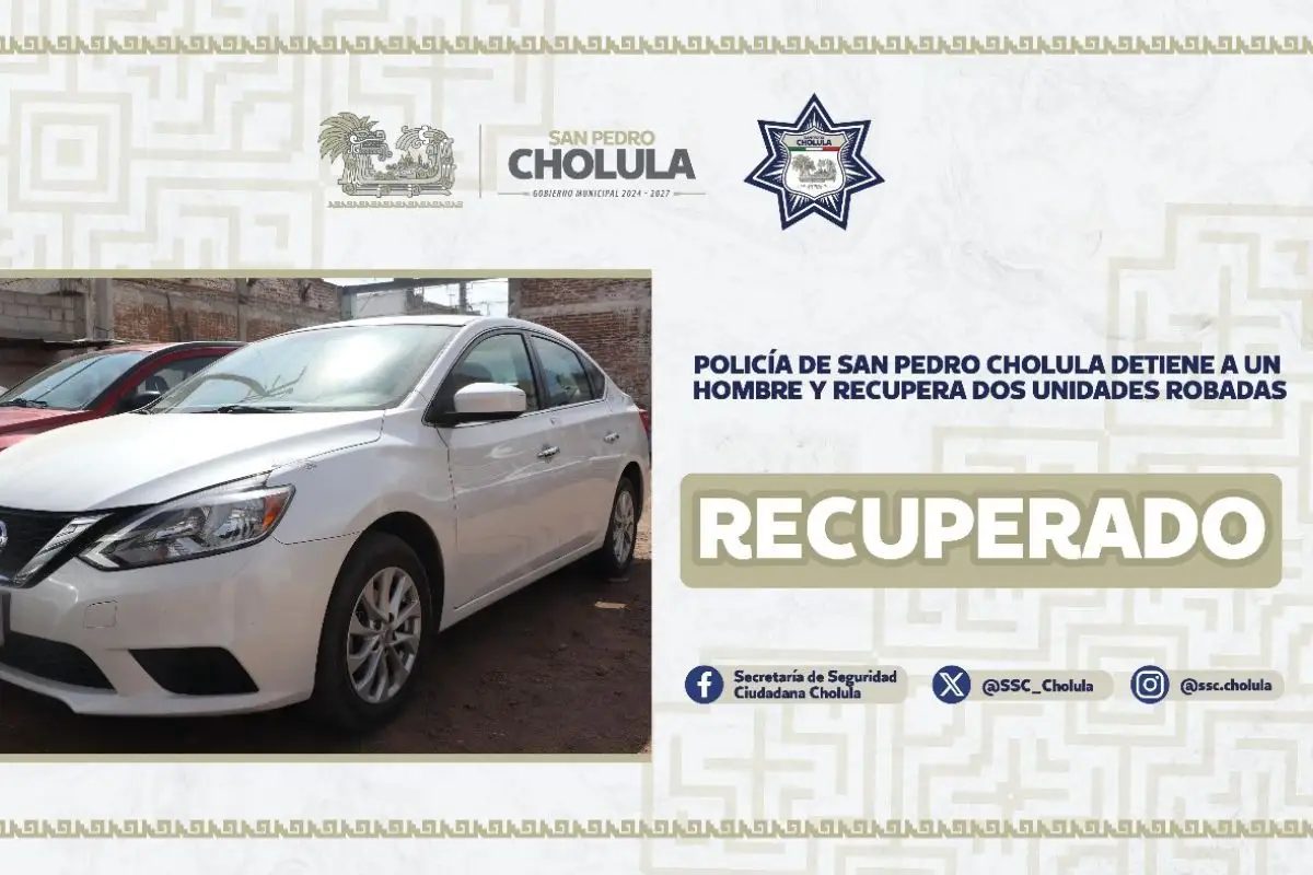 Policía de San Pedro Cholula detiene a un hombre y recupera dos unidades robadas