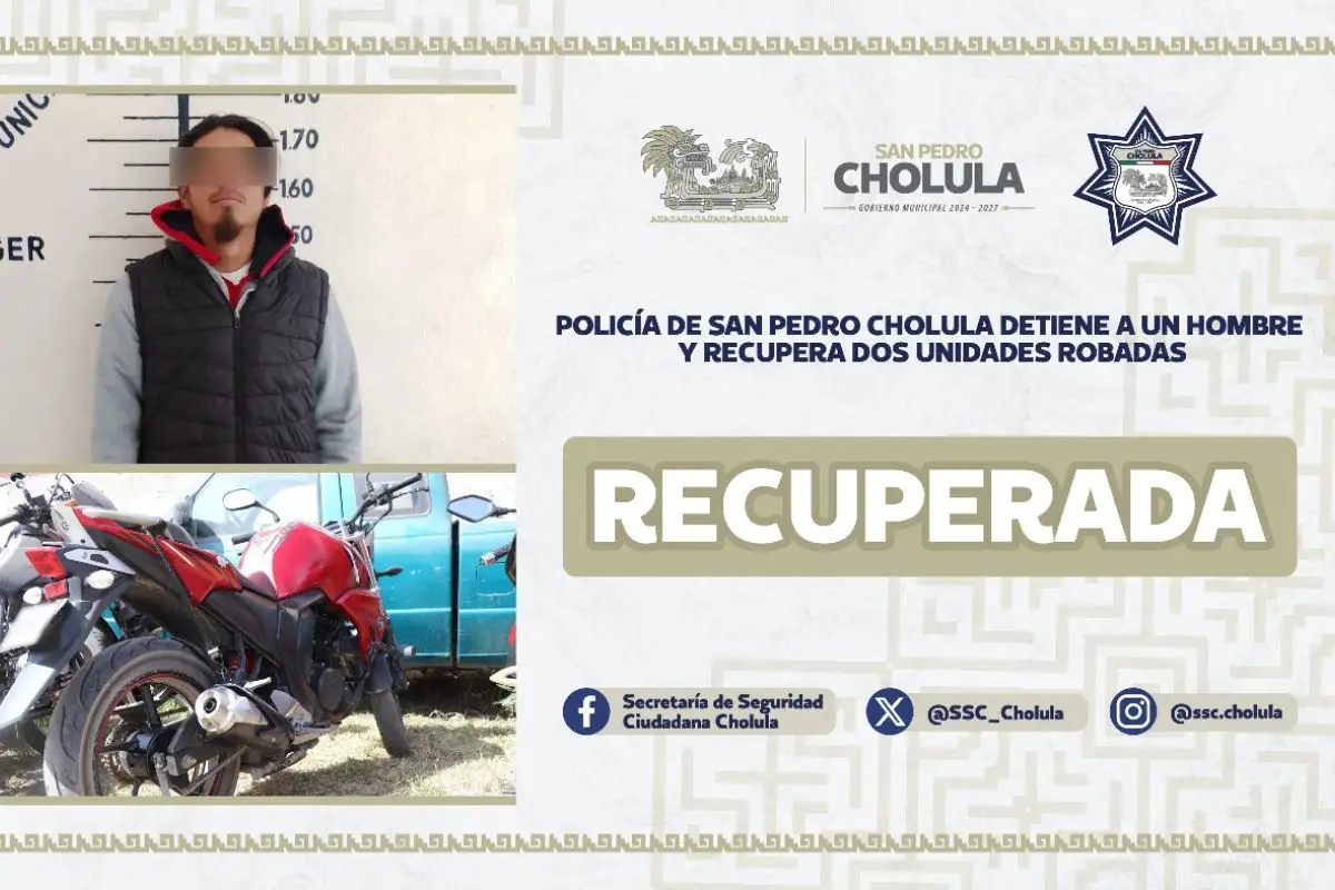 Policía de San Pedro Cholula detiene a un hombre y recupera dos unidades robadas 1 Policía de San Pedro Cholula detiene a un hombre y recupera dos unidades robadas