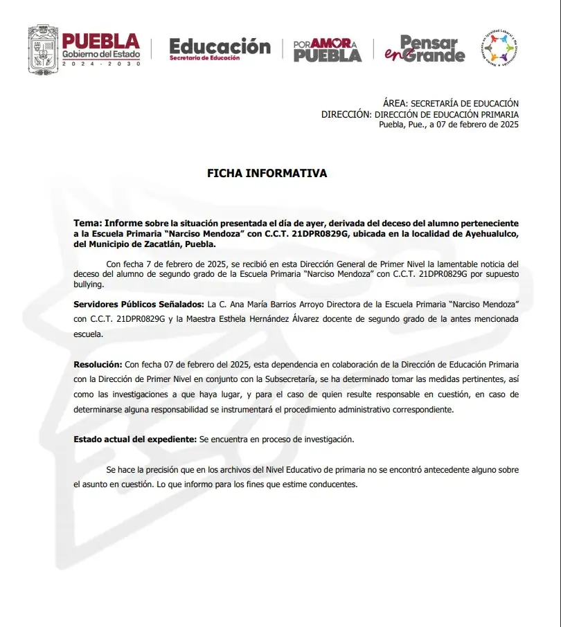 Niño de 7 años se quita la vida tras ser víctima de bullying en una primaria de Zacatlán