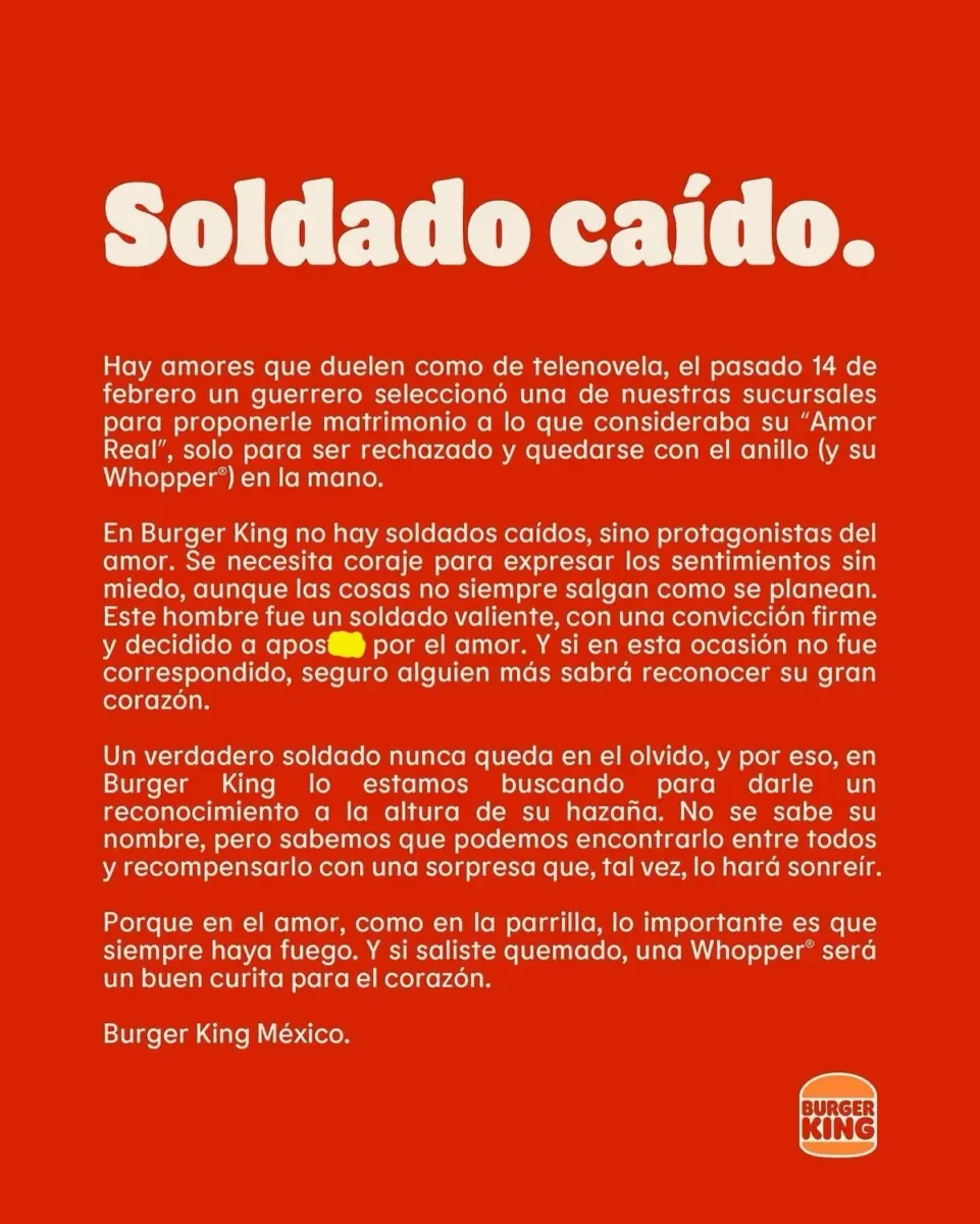 Burger King busca al soldado caído que fue rechazado el 14 de febrero