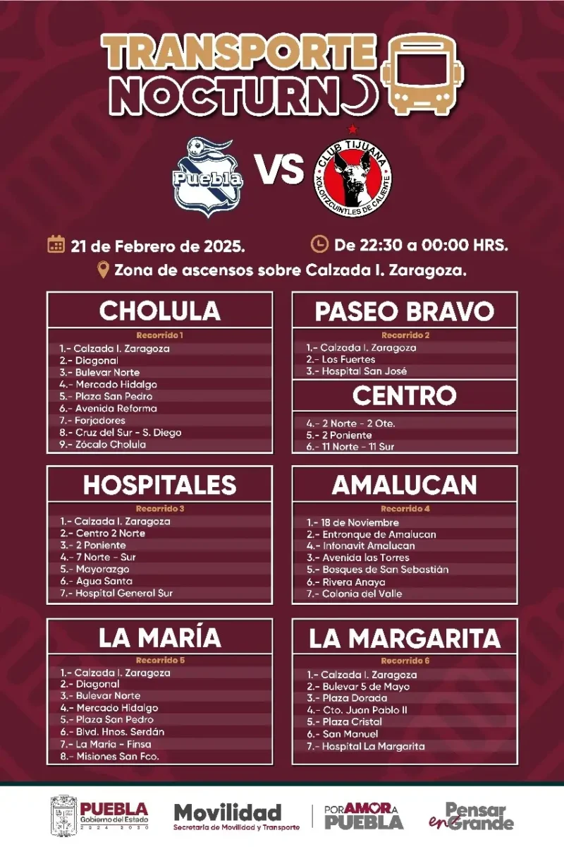 Habrá transporte nocturno para el Puebla vs Tijuana