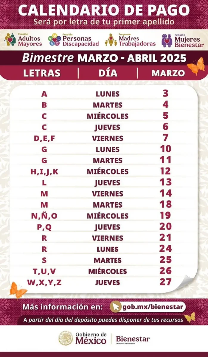 Consulta el calendario de pagos de marzo 2025 para la pensión del Bienestar 