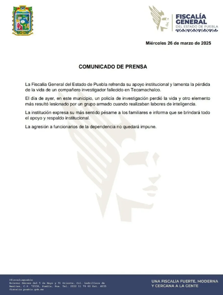 Enfrentamiento armado en Tecamachalco deja un agente ministerial fallecido