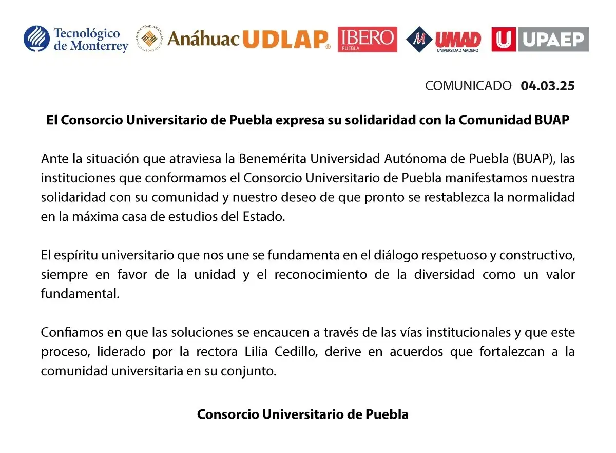 Consorcio Universitario de Puebla expresa su solidaridad con la comunidad BUAP