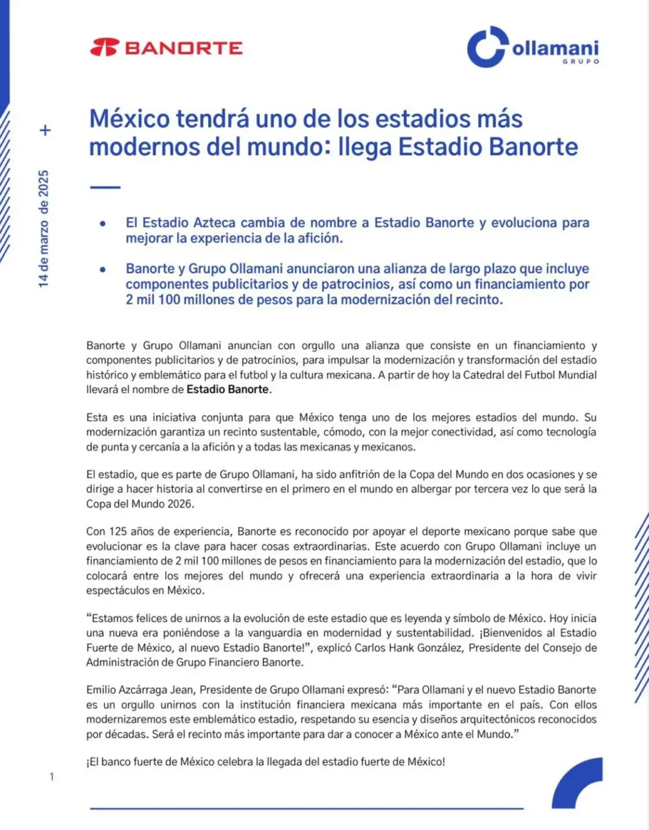 Estadio Azteca cambia de nombre a estadio Banorte