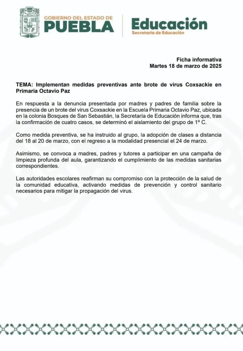 Virus Coxsackie en Puebla: Se confirma brote en primaria de Bosques de San Sebastián
