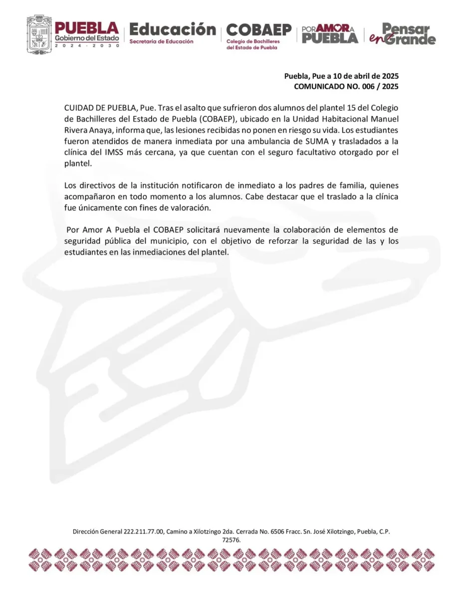 En asalto, hieren a dos estudiantes del COBAEP U-15 de Amalucan