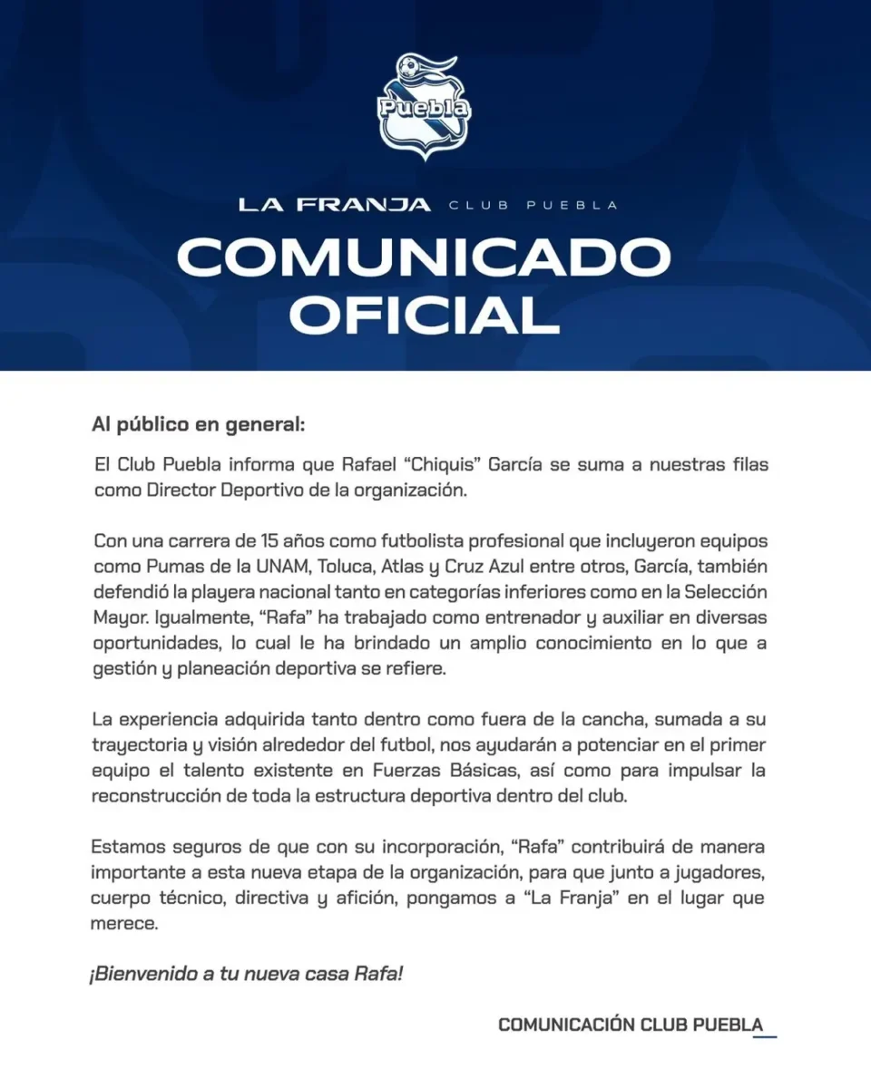 Rafael Chiquis García es el nuevo Director Deportivo del Club Puebla