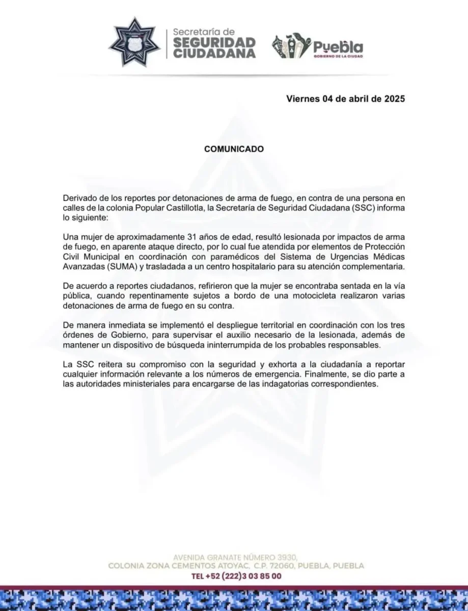 Balean a una mujer en calles de la colonia Popular Castillotla