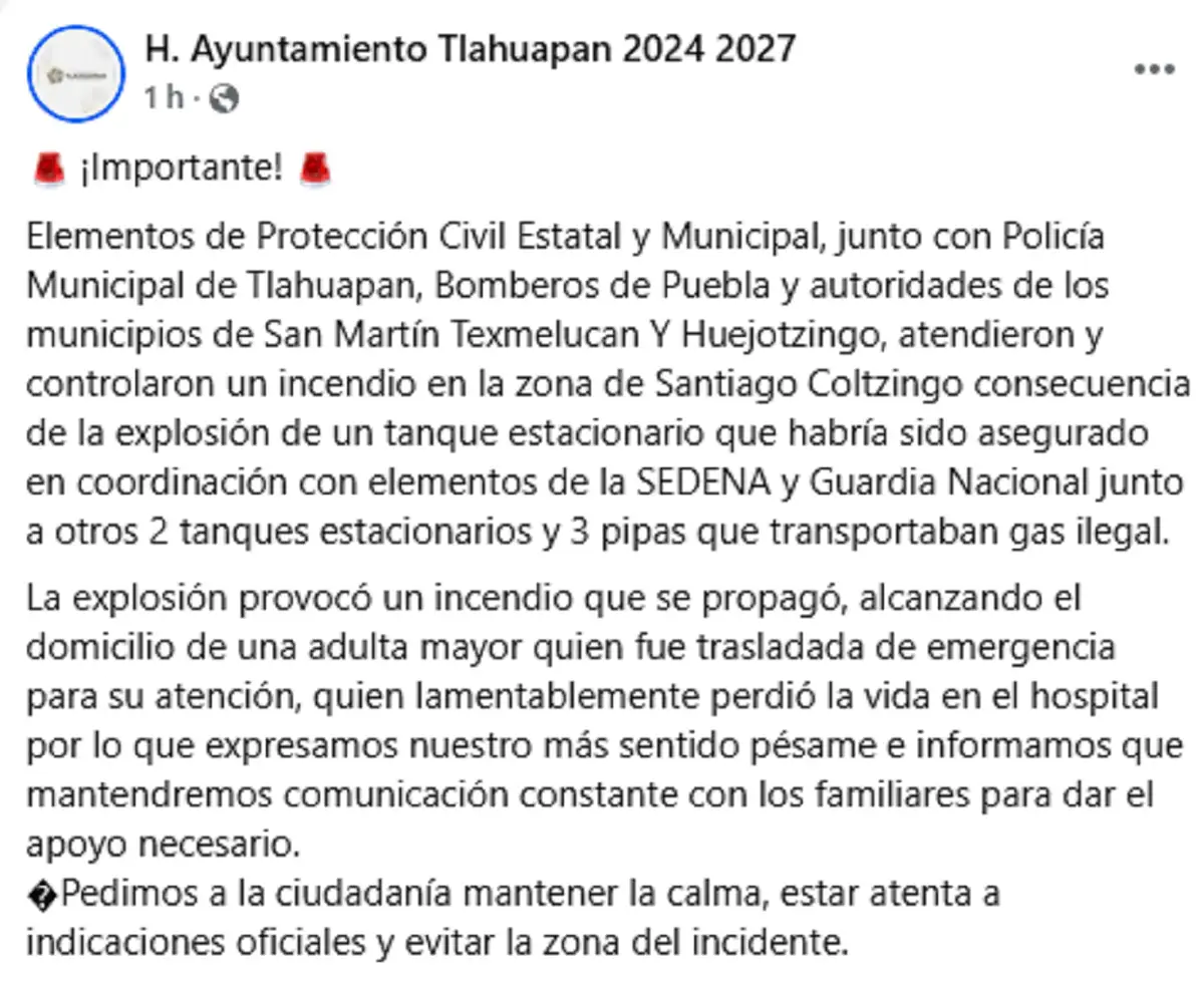 Explosión en Santa Rita Tlahuapan deja un muerto y dos heridos