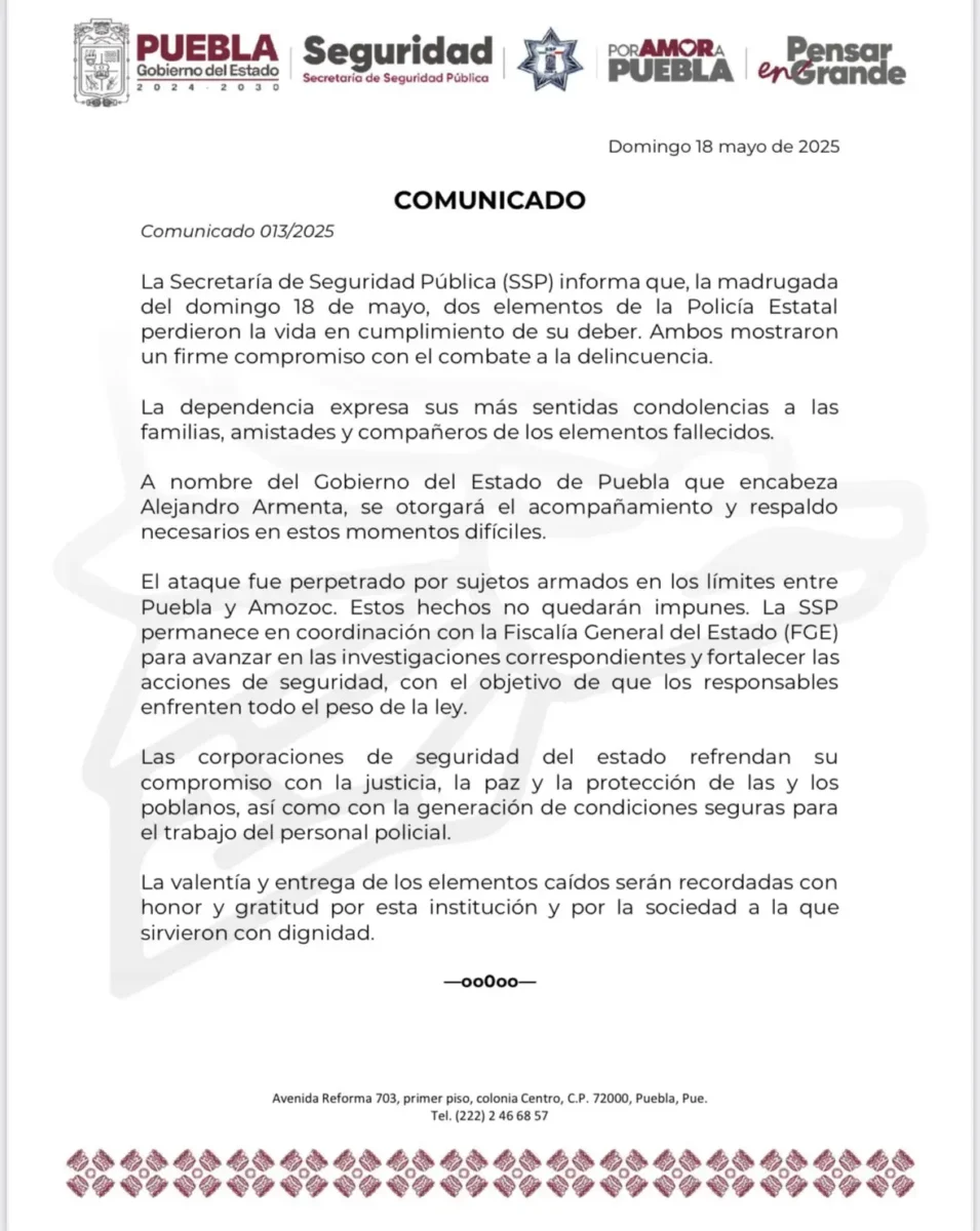 Ataque armado deja sin vida a dos policías estatales en los límites de Puebla y Amozoc