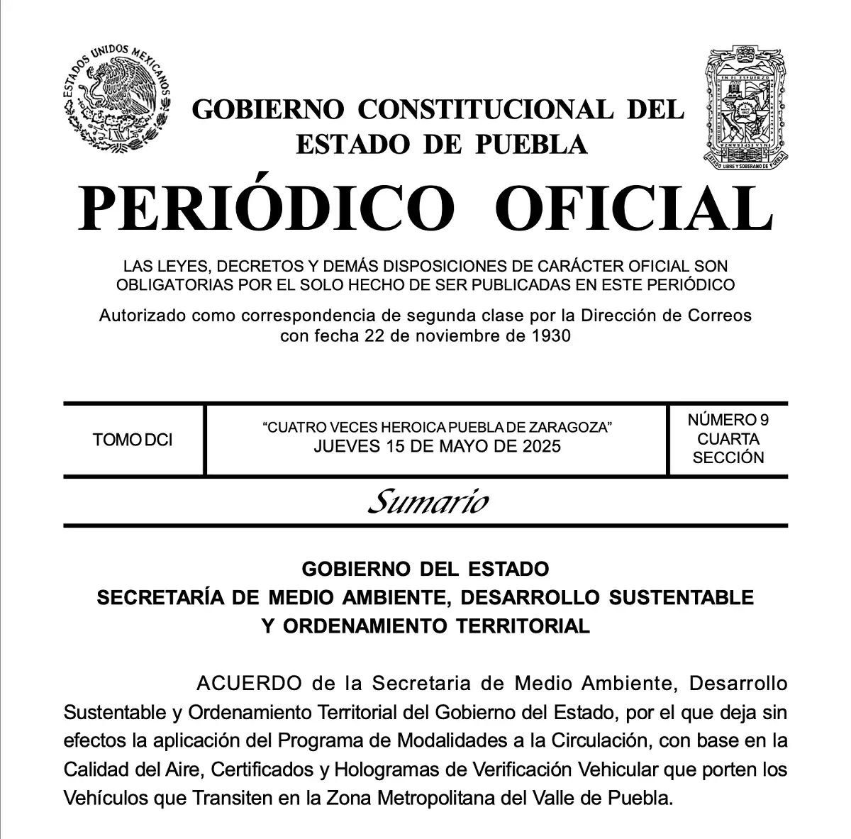 Gobierno de Puebla elimina programa Hoy No Circula en Puebla y Pase Turístico