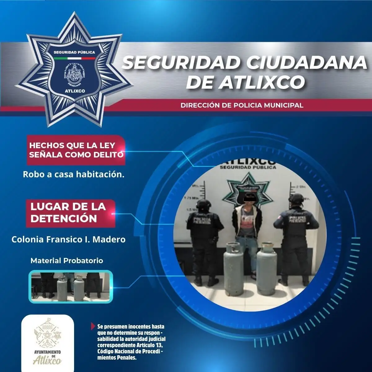 Por robar dos tanques de gas lo detienen en Atlixco