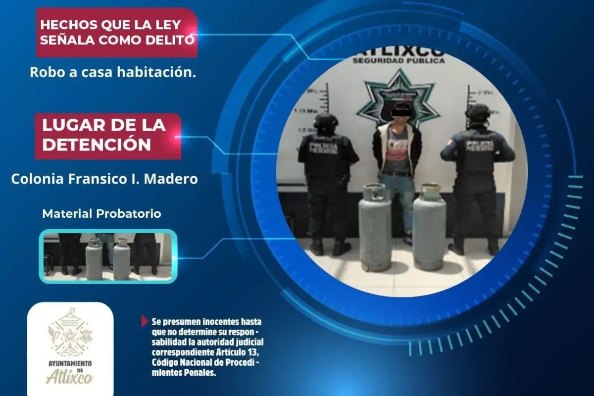 Ayuntamiento de Atlixco presume detención de sujeto que intentó robar tanques de gas 1 Por robar dos tanques de gas lo detienen en Atlixco