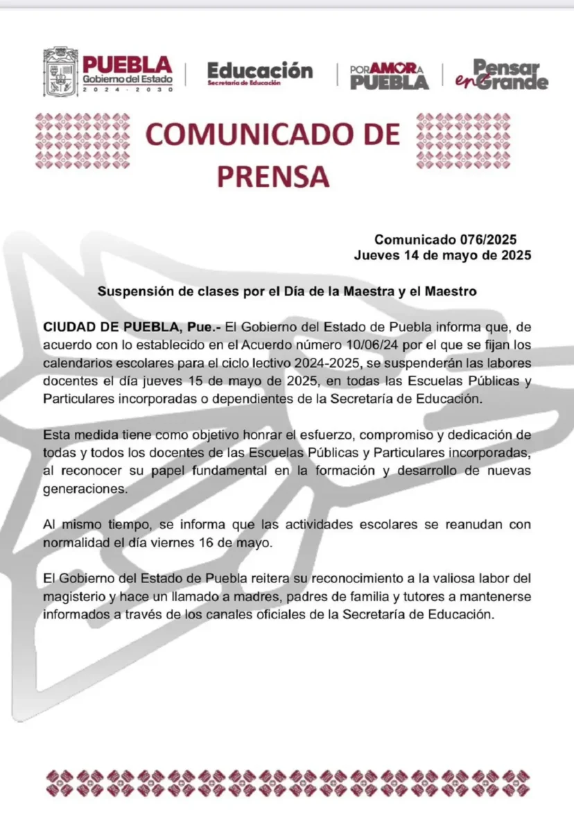 Suspenden clases en Puebla por el Día del Maestro 