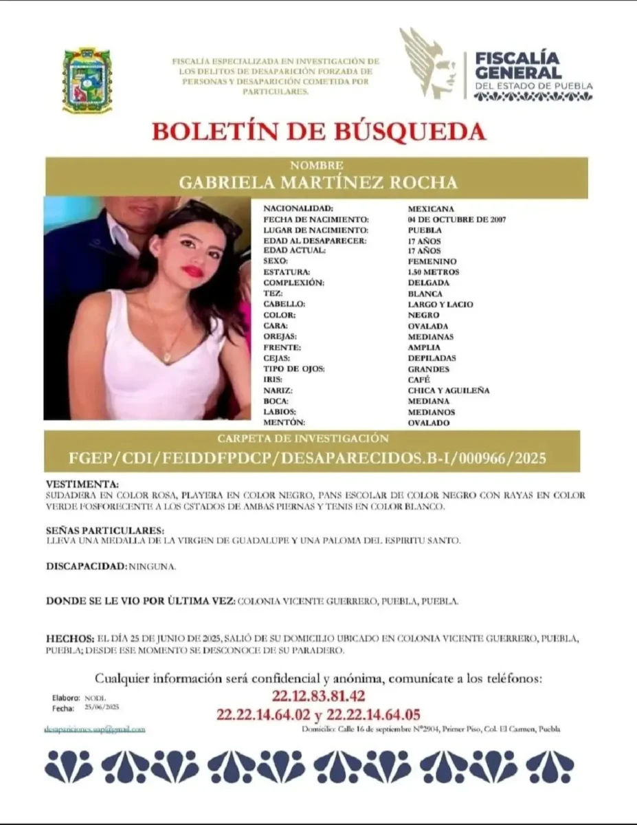Activan Alerta Amber para localizar a Gabriela Martínez Rocha; la menor salió de su casa en Puebla y no volvió