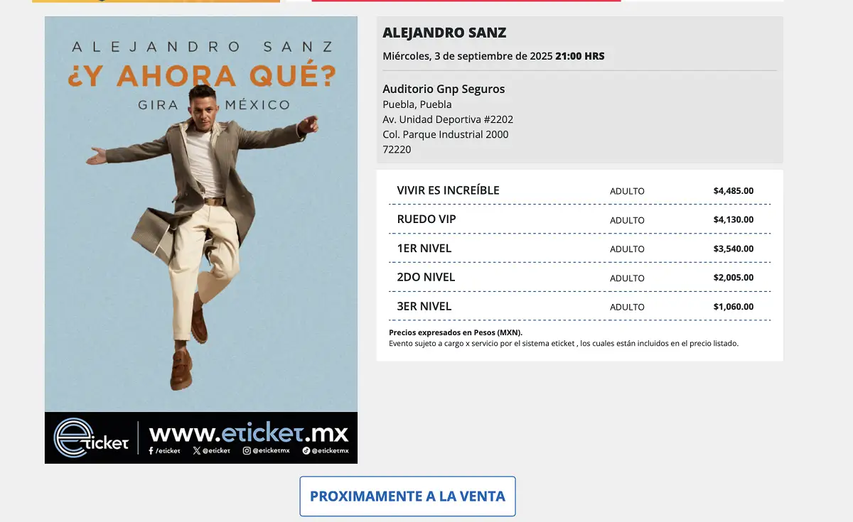 Alejandro Sanz abre nueva fecha en Puebla precio de los boletos