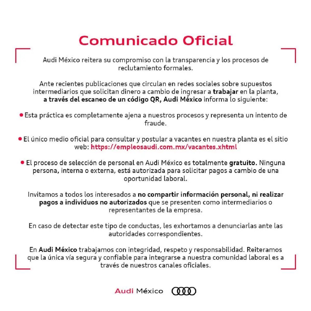 Audi advierte sobre fraudes en redes sociales No se cobra por acceder a un empleo