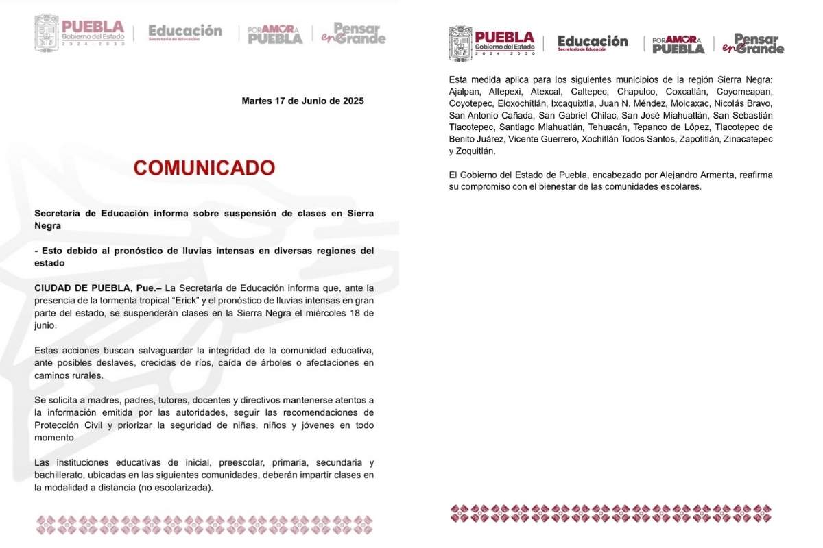 En 26 municipios de Puebla suspenden clases el 18 de junio por la tormenta tropical Erick