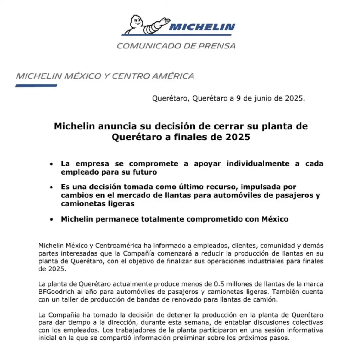 Michelin cerrará su planta en Querétaro