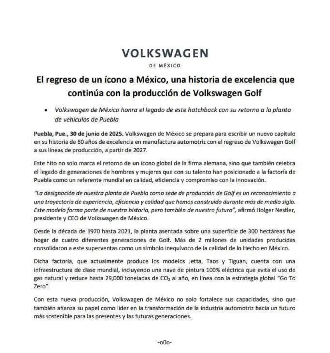La producción de Volkswagen Golf en Puebla regresará en 2027