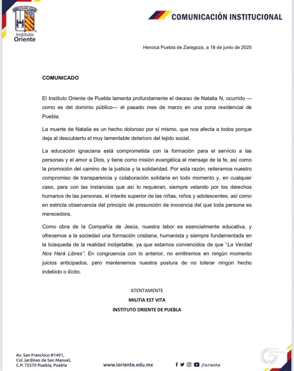 Alumno del Oriente es sospechoso de matar a Natalia en Puebla