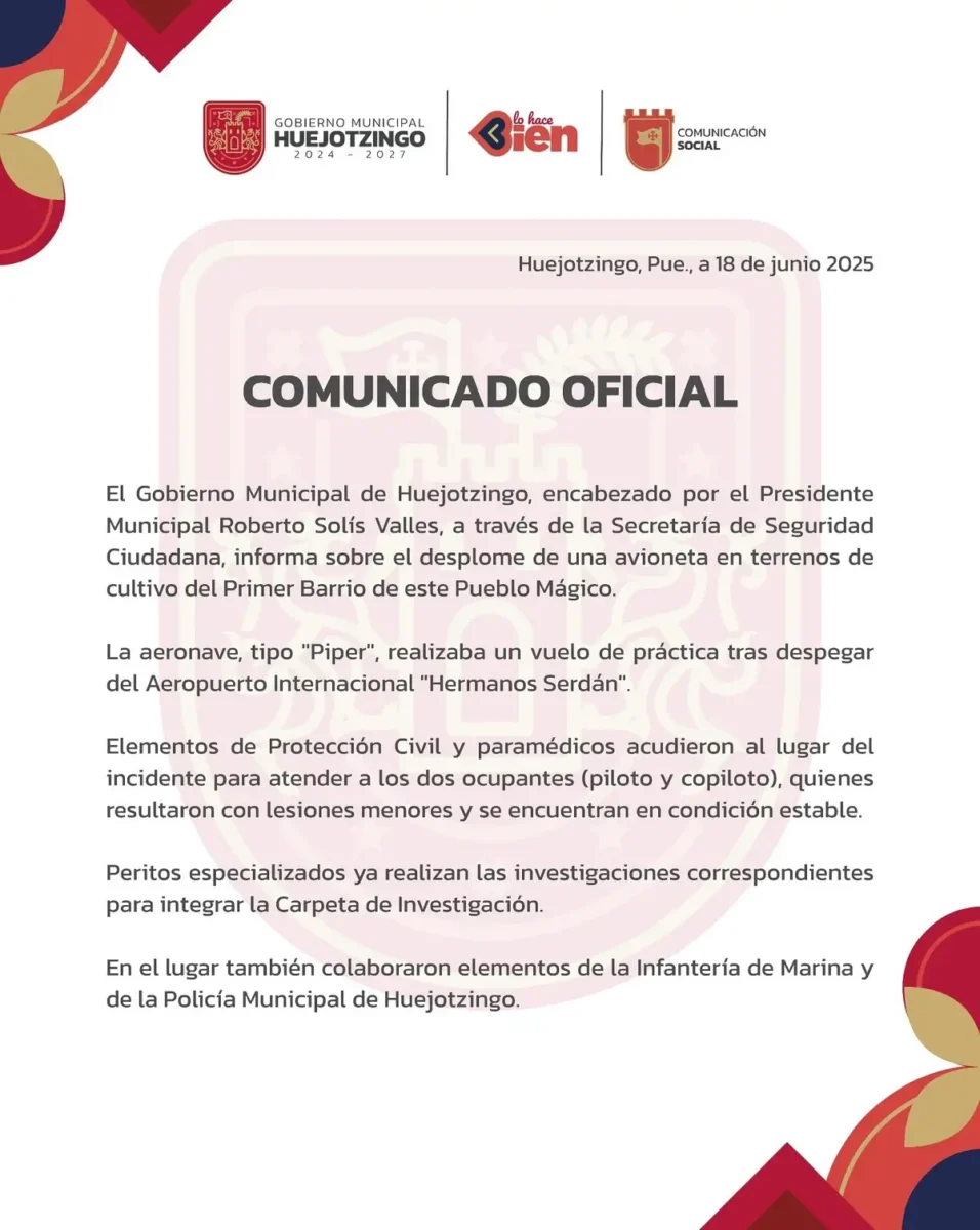 caída de una avioneta en Huejotzingo