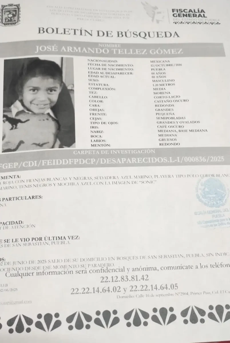 ¿Lo has visto? José Armando Téllez Gómez, de 8 años, fue visto por última vez en Amalucan