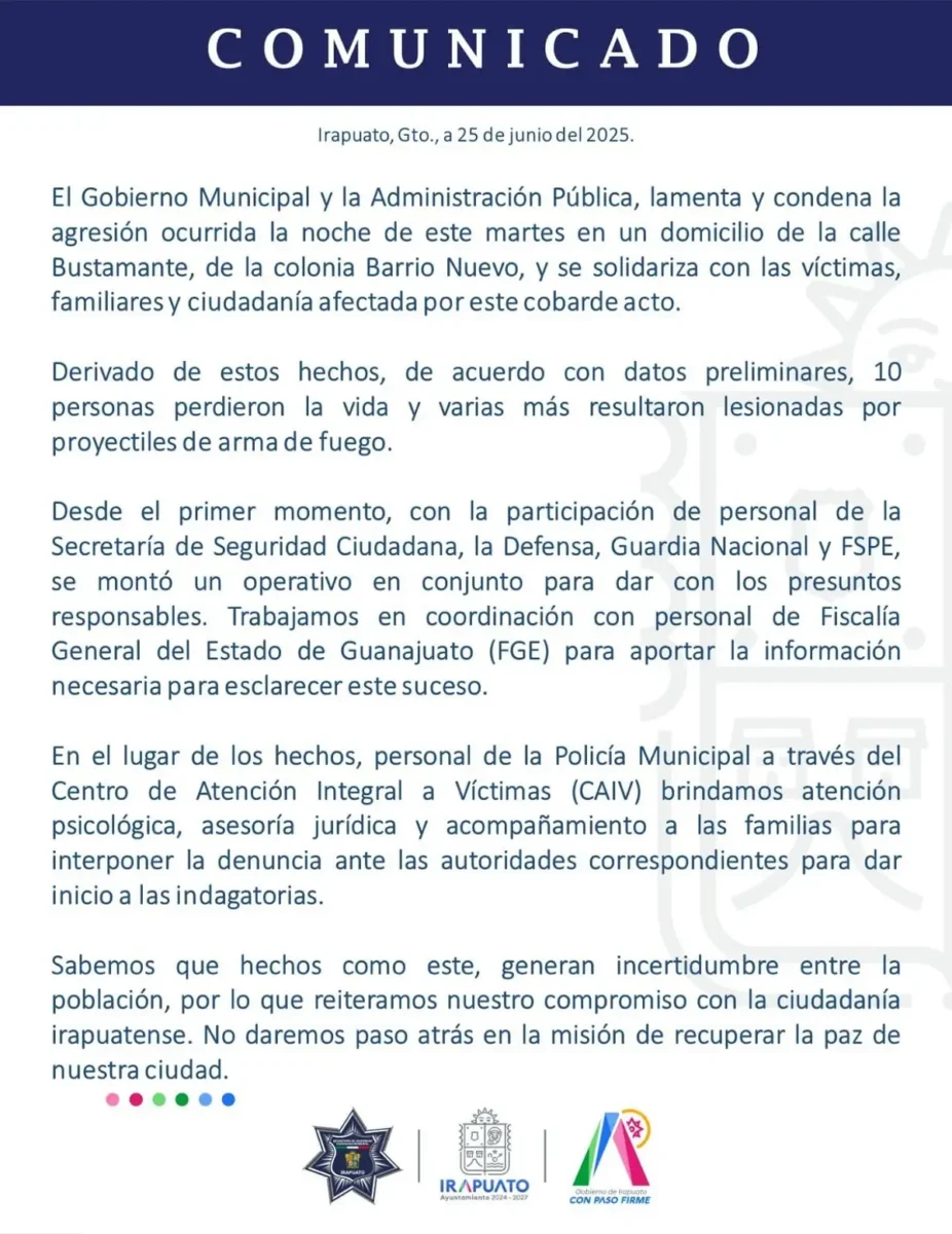 Masacre en Irapuato deja al menos 10 muertos y 12 heridos