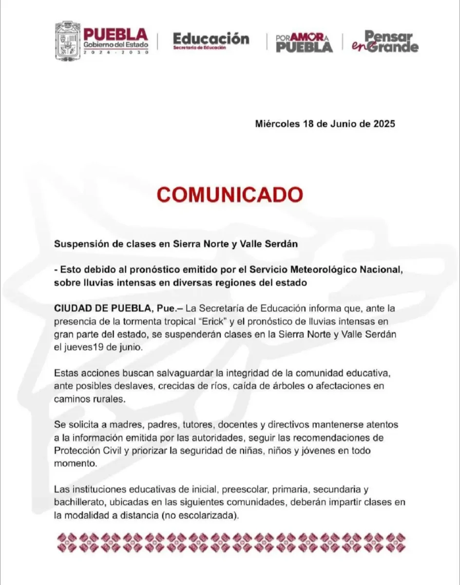 Estos son los municipios de Puebla que suspenderán clases el 19 de junio por la tormenta Erick 2 Estos son los municipios de Puebla que suspenderán clases el 19 de junio por la tormenta Erick