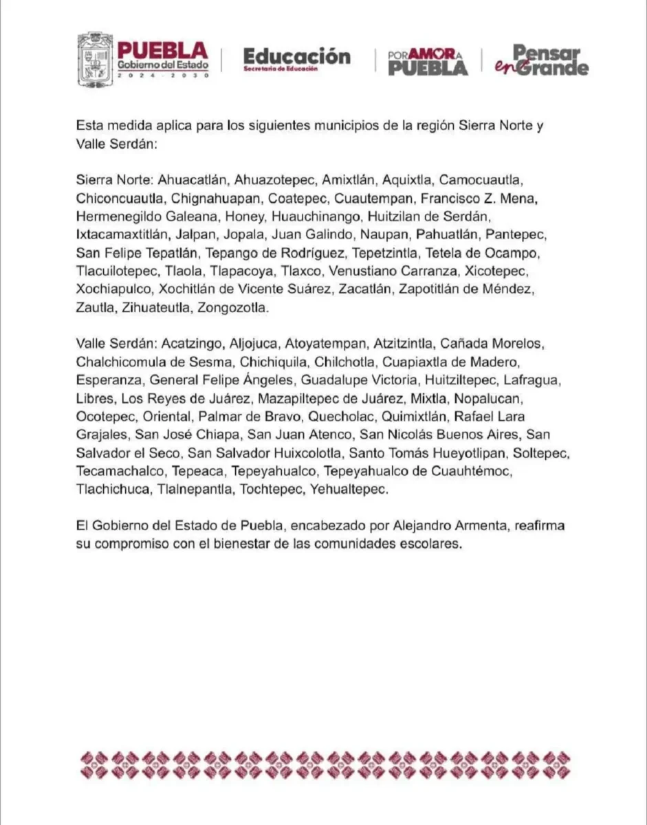 Estos son los municipios de Puebla que suspenderán clases el 19 de junio por la tormenta Erick 3 Estos son los municipios de Puebla que suspenderán clases el 19 de junio por la tormenta Erick