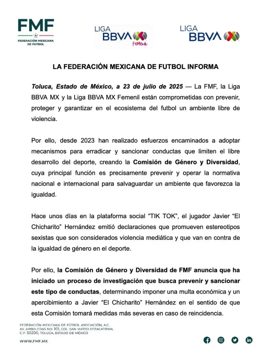 FMF sancionará a Chicharito con una multa económica y apercibimiento