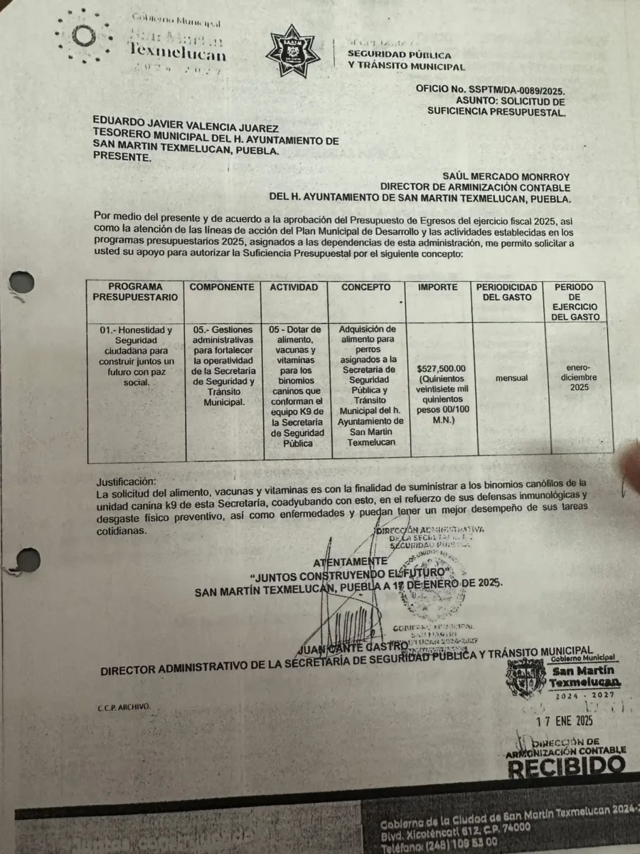 Juan Manuel Alonso edil de Texmelucan gasta más de medio millón de pesos mensuales en alimentar a ocho perros K-9