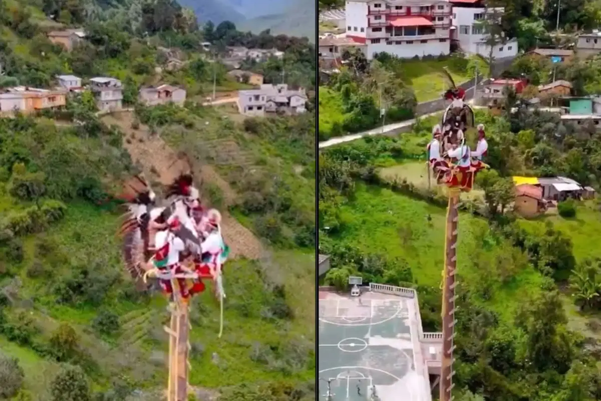 Pierde el equilibrio Caporal de los voladores de Papantla en la Feria de la Manzana