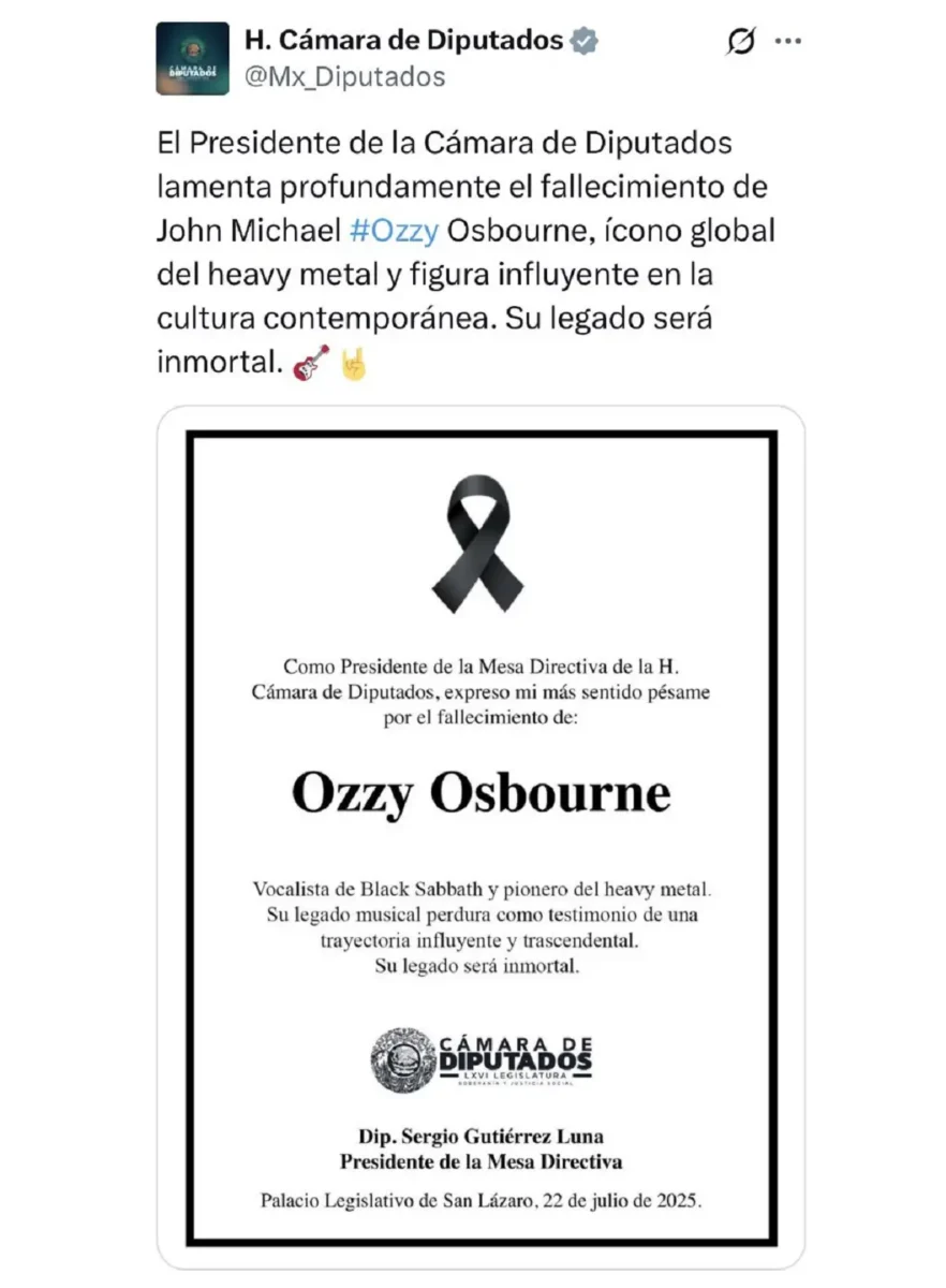 Políticos mexicanos despiden a Ozzy Osbourne… incluso desde cuentas oficiales 2 Políticos mexicanos despiden a Ozzy Osbourne y los tunden en redes