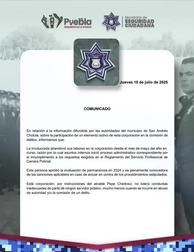 Detienen a una ex policía municipal de Puebla en posesión ilegal de un arma y droga