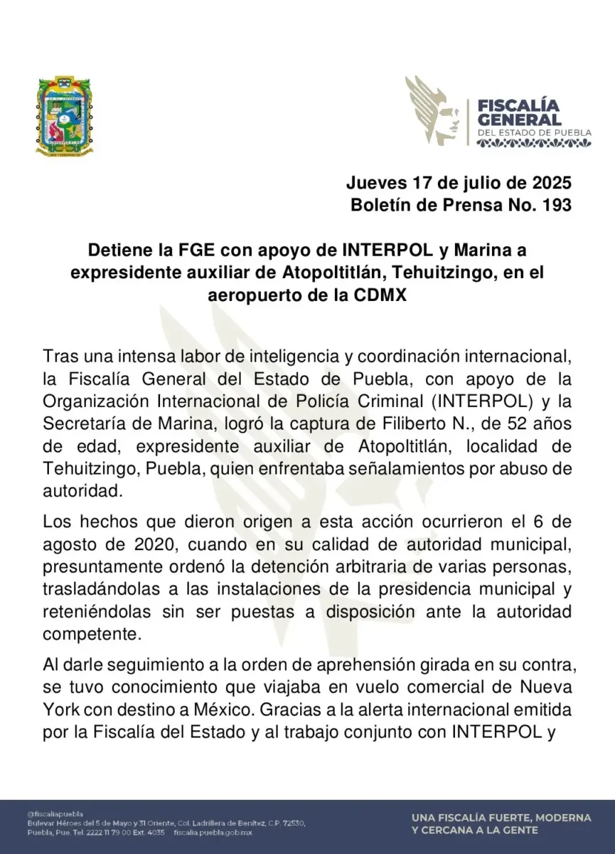 Detienen a expresidente auxiliar de Atopoltitlán, Puebla